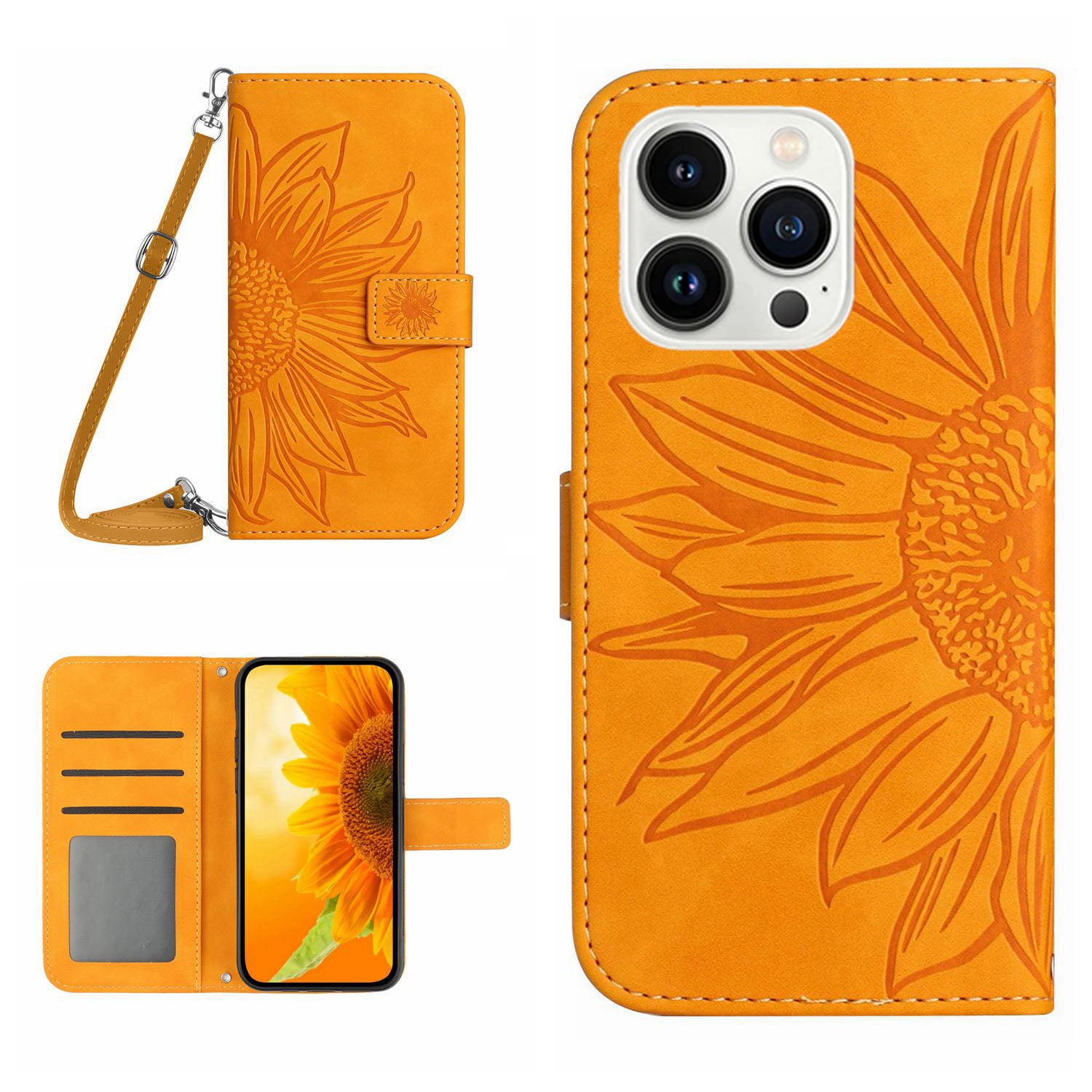 HT04 Stand Shell pro iPhone 15 Pro Max Sunflower Pouzdro na telefon Kožená peněženka s popruhem přes rameno HT04 Stand Shell pro iPhone 15 Pro Max Sunflower Pouzdro na telefon Kožená peněženka s popruhem přes rameno